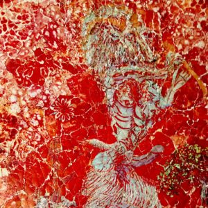 Eggshell collage in red of Pan by Paul Wirhun